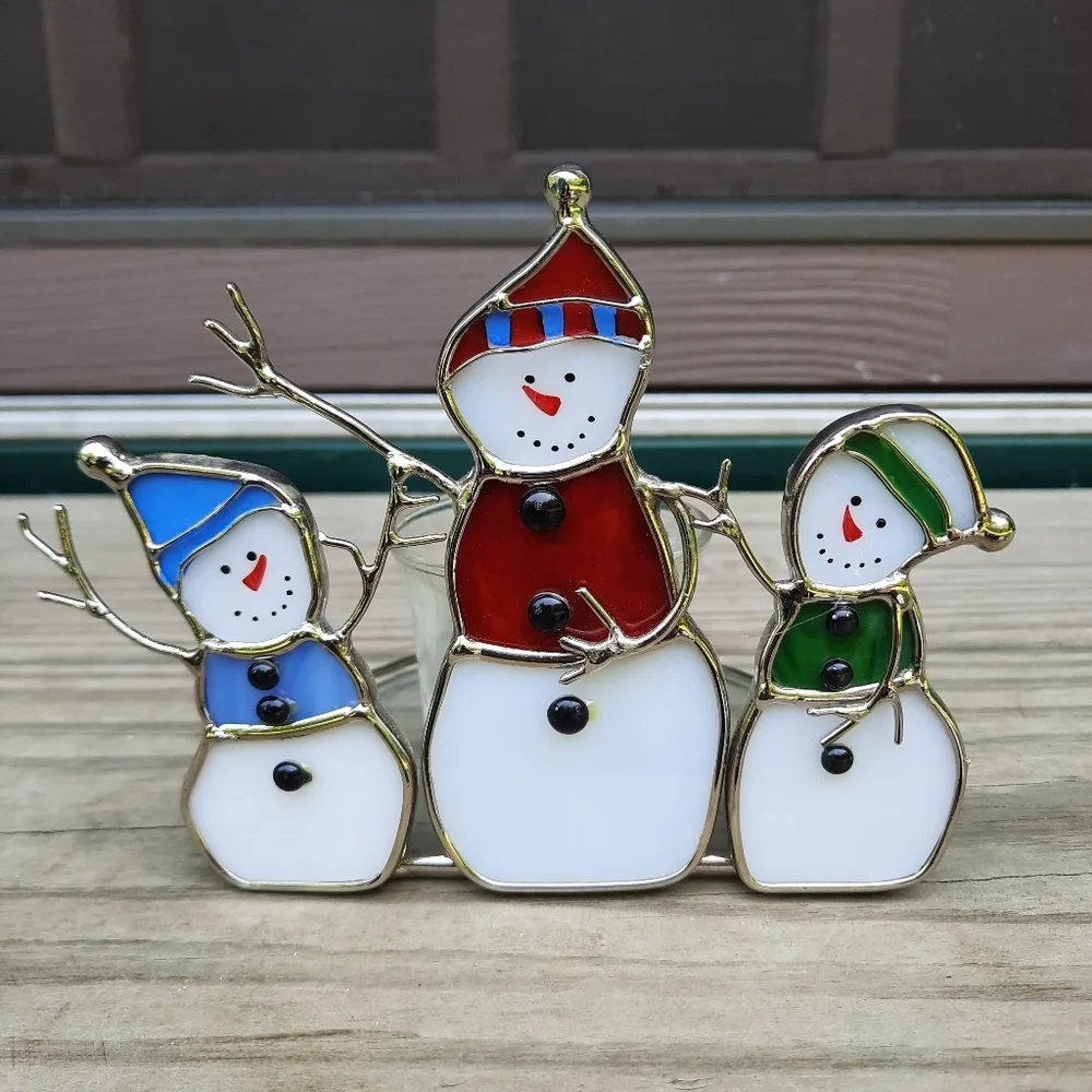 Stained Glass 3 Snowmen Votive Candle Holder Winter Christmas